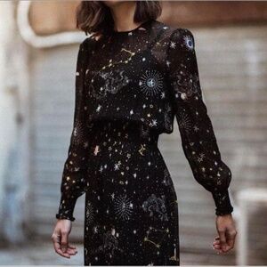 Zara RARE celestial zodiac galaxy astrology star print chiffon black midi dress